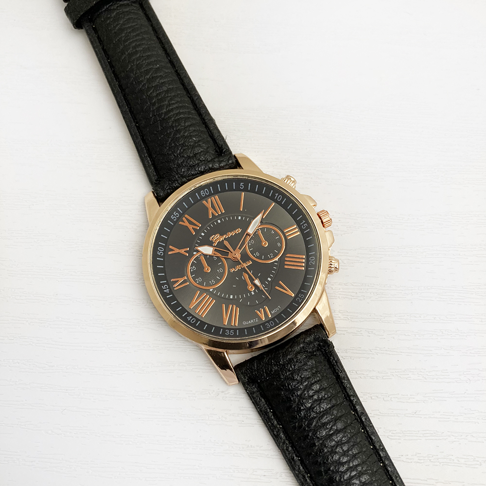 ساعت عدد رومی جنوا + دستبند هدیه (مشکی)