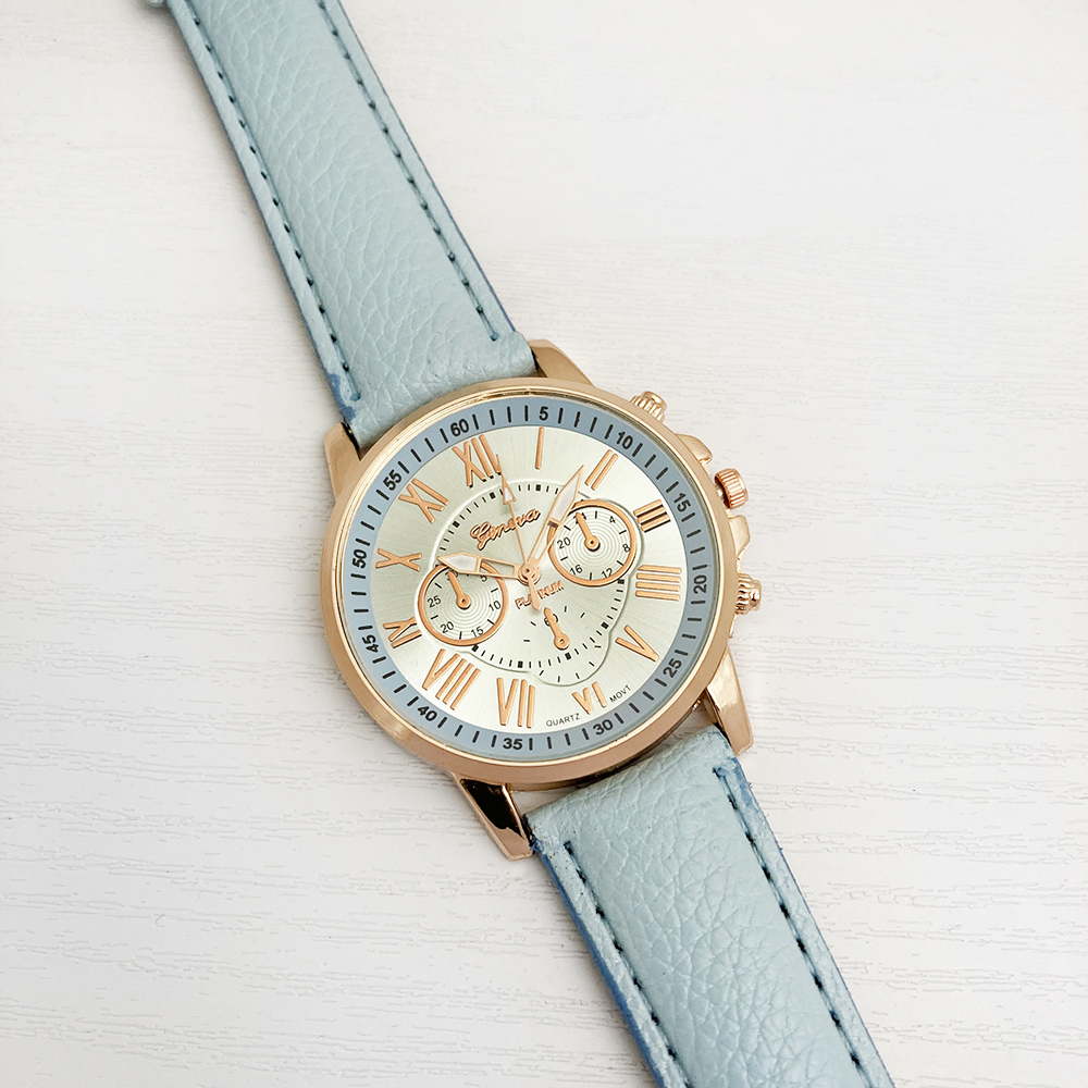 ساعت عدد رومی جنوا + دستبند هدیه (آبی روشن)