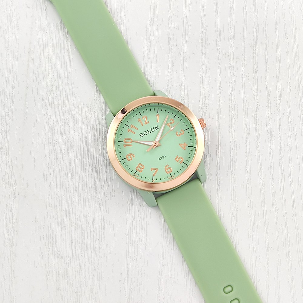 ساعت مچی طرح گلد فریم Bolun + دستبند سیم تلفنی (سبز روشن / عدد دار)