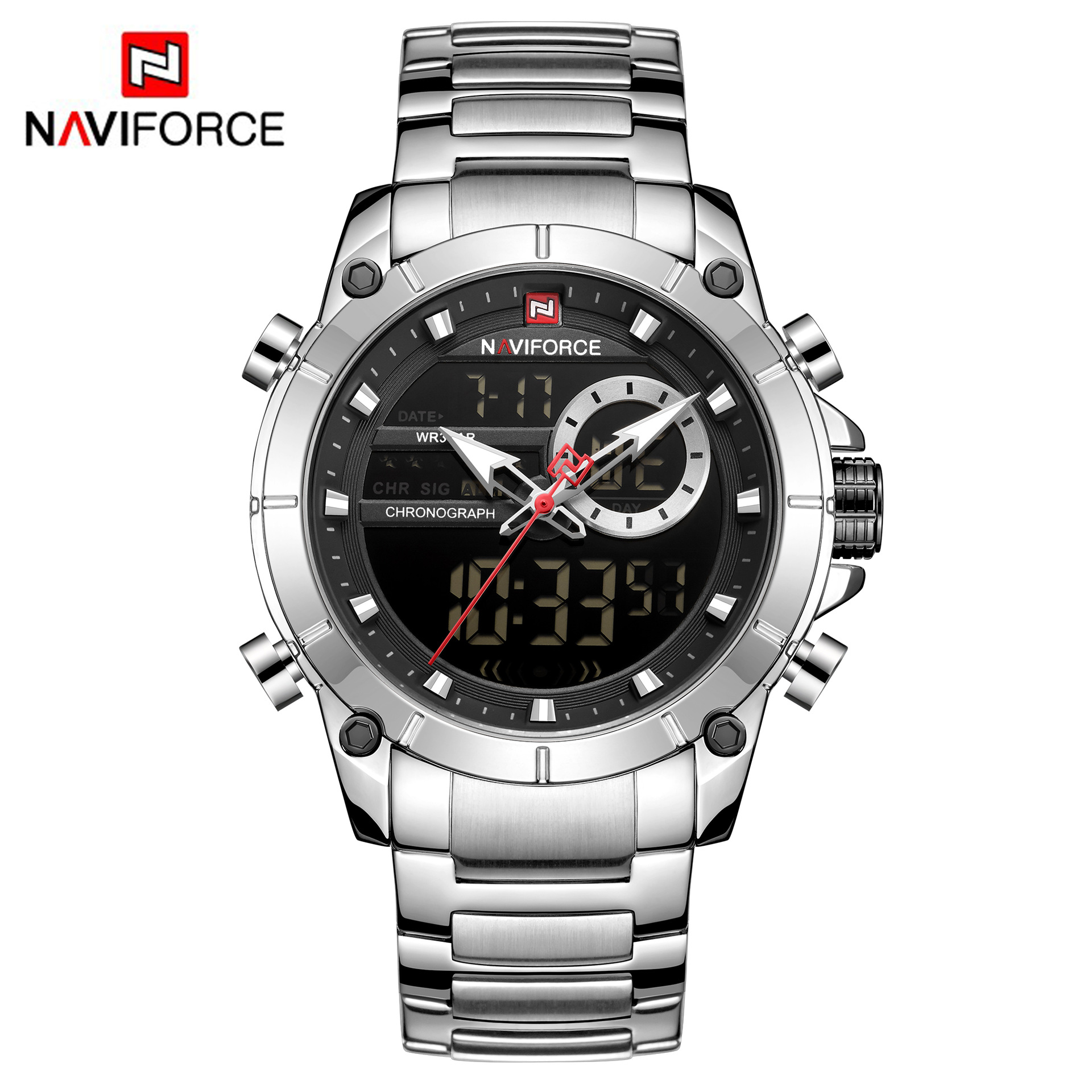 ساعت مچی دوزمانه مردانه naviforce مدل NF9163 (نقره‌ای)