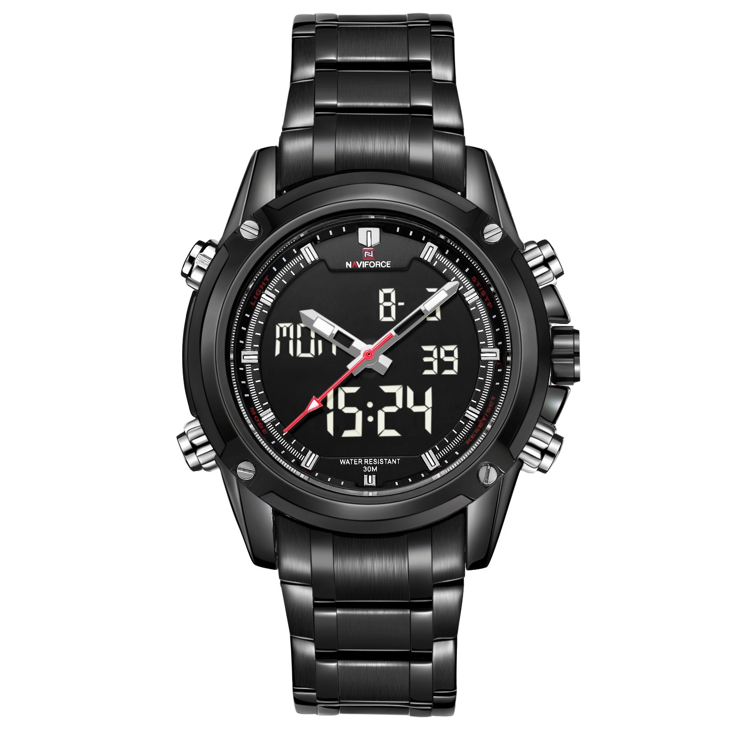 ساعت مچی دوزمانه مردانه naviforce مدل NF9050 (مشکی/عقربه سفید)