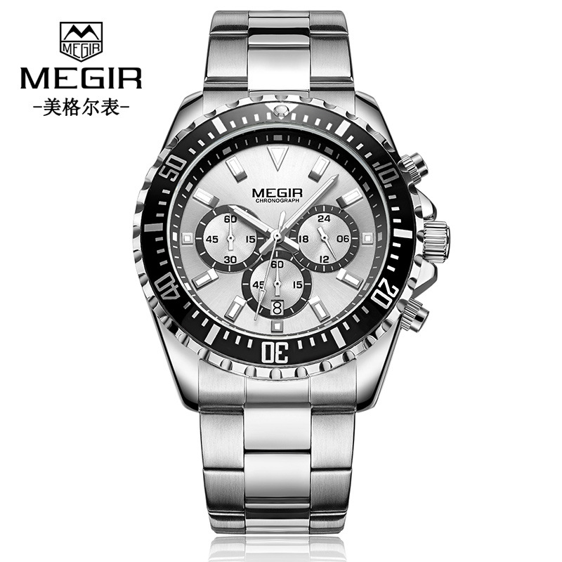 ساعت مچی کرنوگراف فلزی مردانه مدل 2064 Megir (نقره‌ای/صفحه سفید)