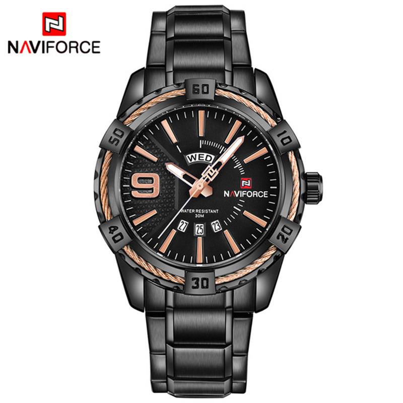 ساعت مچی تقویم‌دار استیل مردانه naviforce مدل NF9117 (مشکی/رزگلد)